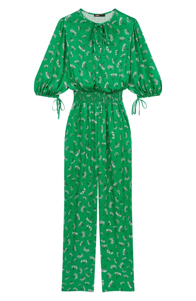 maje Floral Elbow-Sleeve Woven Jumpsuit, Alternate, color, Green/ White