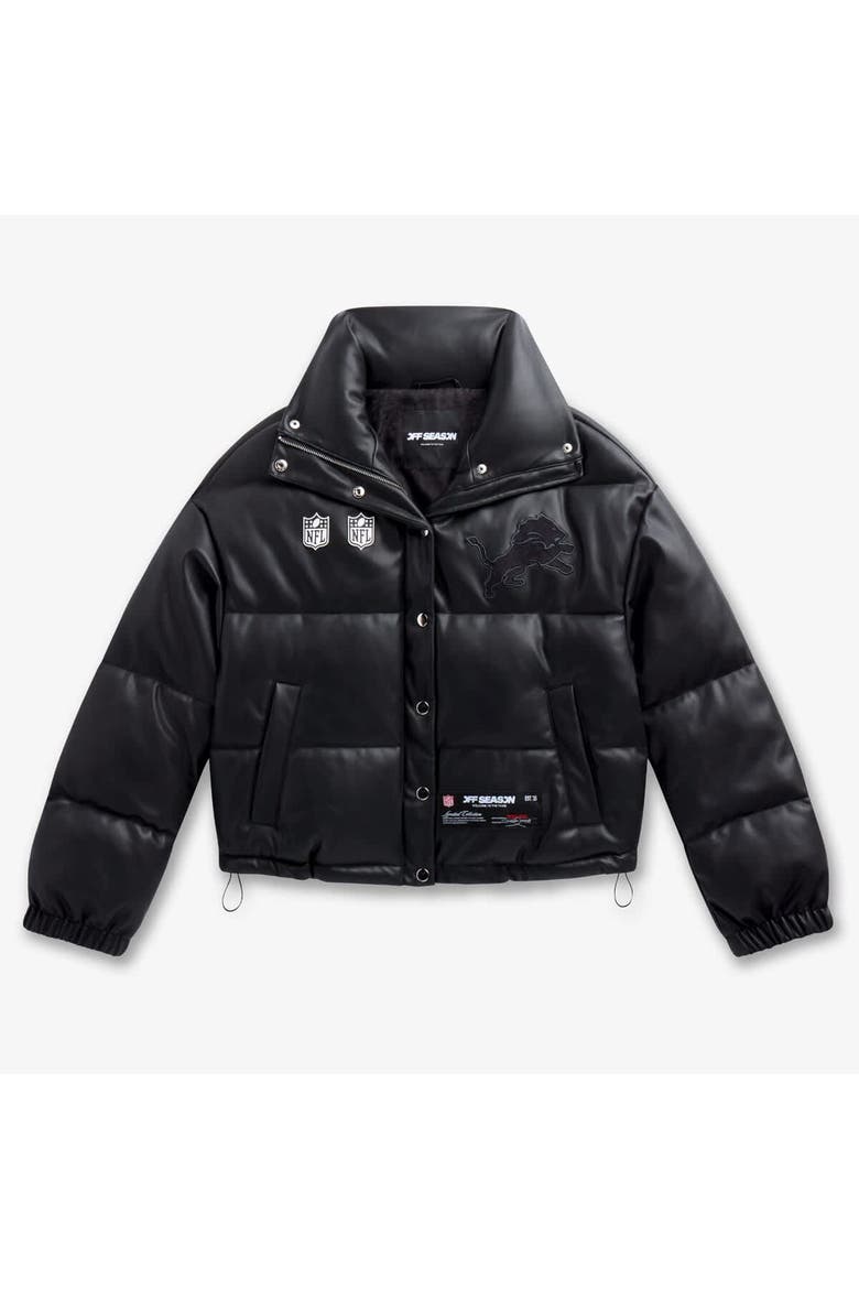 Women's  Black Detroit Lions Faux Leather Puffer Jacket, Alternate, color, Black