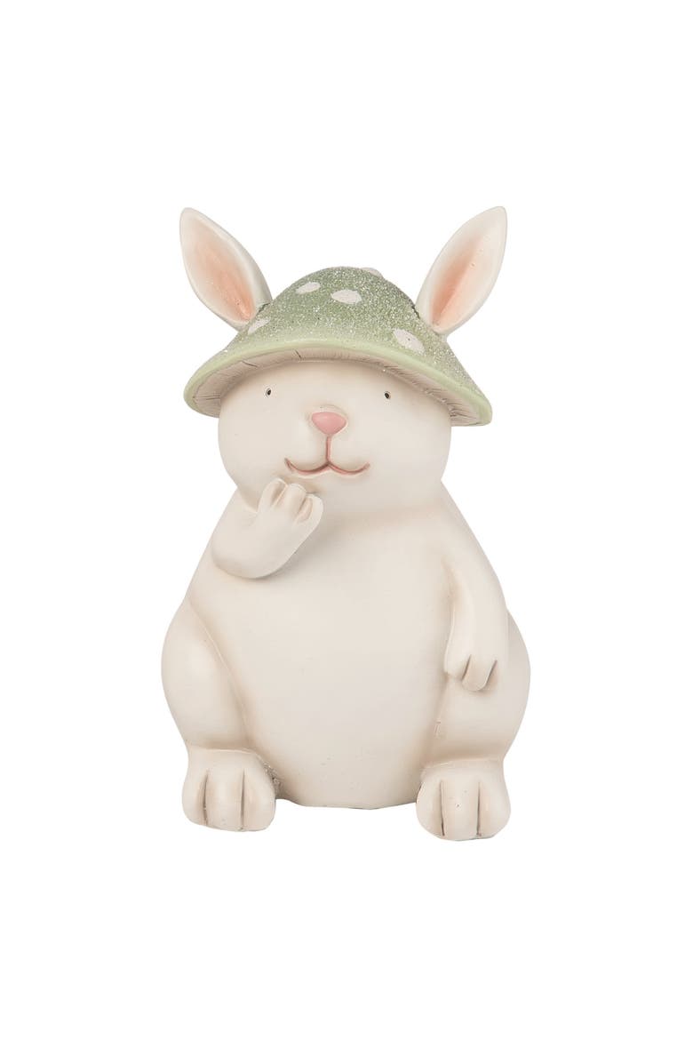 5.75 Inch White Spring Mushroom Hat Bunny Figurine Decorative Polyresin Spring Decor, Main, color, White
