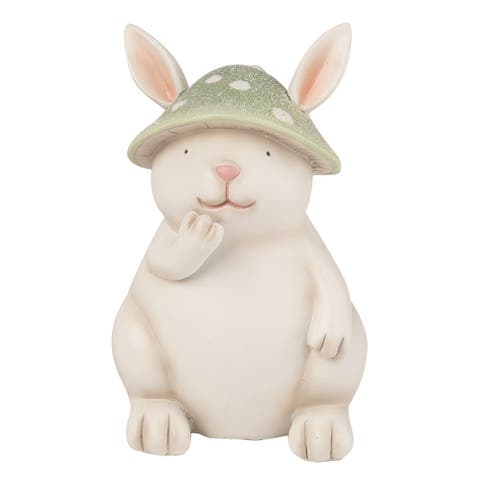 5.75 Inch White Spring Mushroom Hat Bunny Figurine Decorative Polyresin Spring Decor