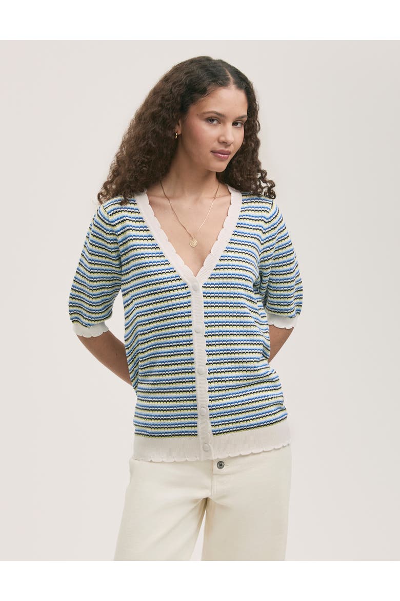 Willa Short Sleeve Striped Cardigan, Main, color, Blue Stripe