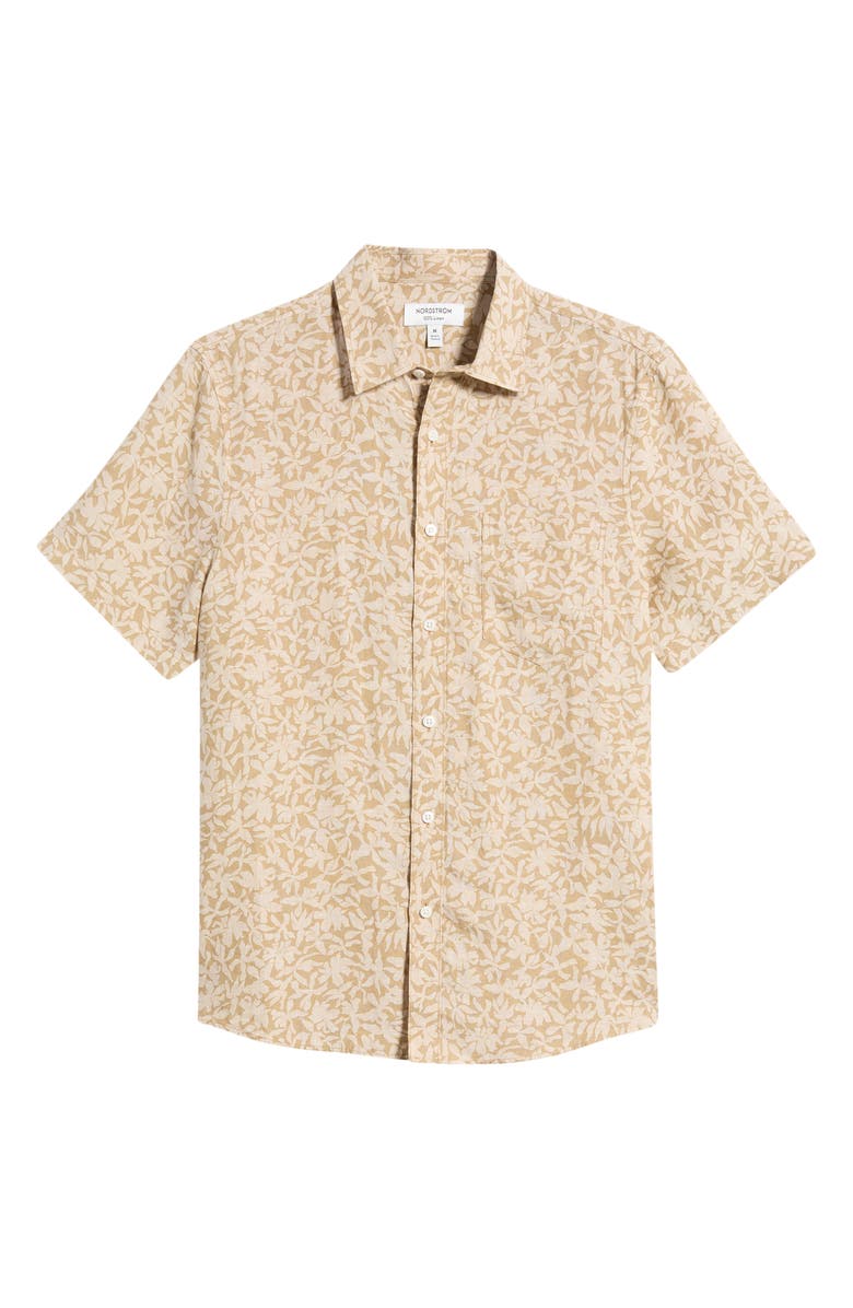 Nordstrom Shadows Short Sleeve Linen Button Front Shirt, Alternate, color, Tan Floral Shadows