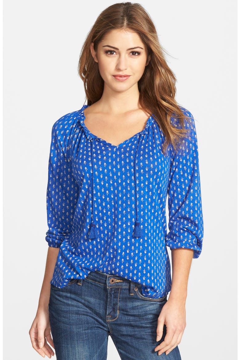 Woodstamp Print Split Neck Top, Main, color, VIBRANT BLUE