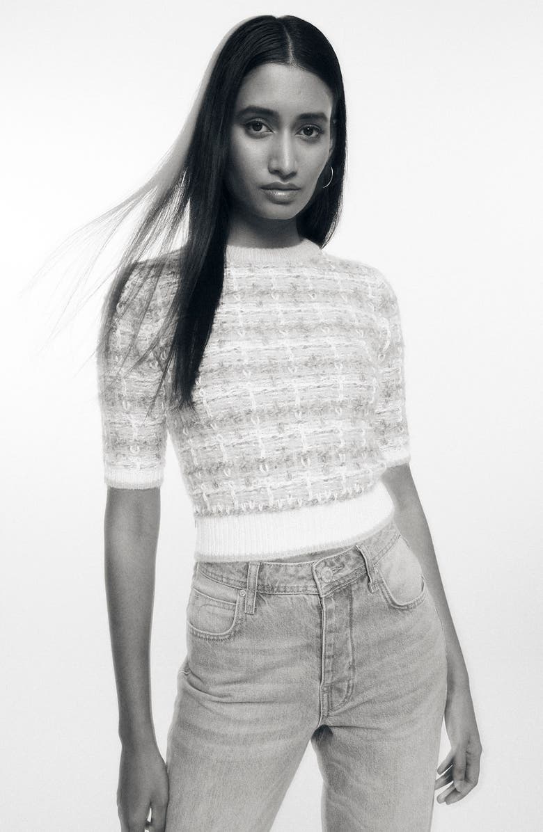 River Island Textured Check Short Sleeve Sweater, Alternate, color, Green