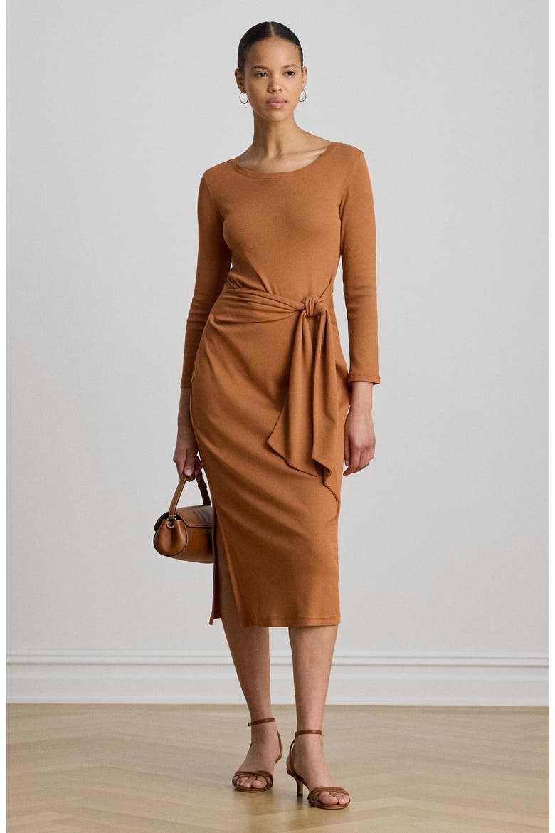 Imalah Tie Waist Rib Cotton Blend Midi Dress, Alternate, color, RED TERRACOTTA
