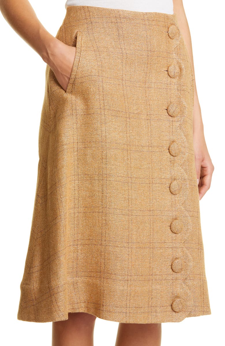 Lisa Marie Fernandez Scallop Placket Linen Blend Midi Skirt, Alternate, color, Natural Windowpane Basketweave