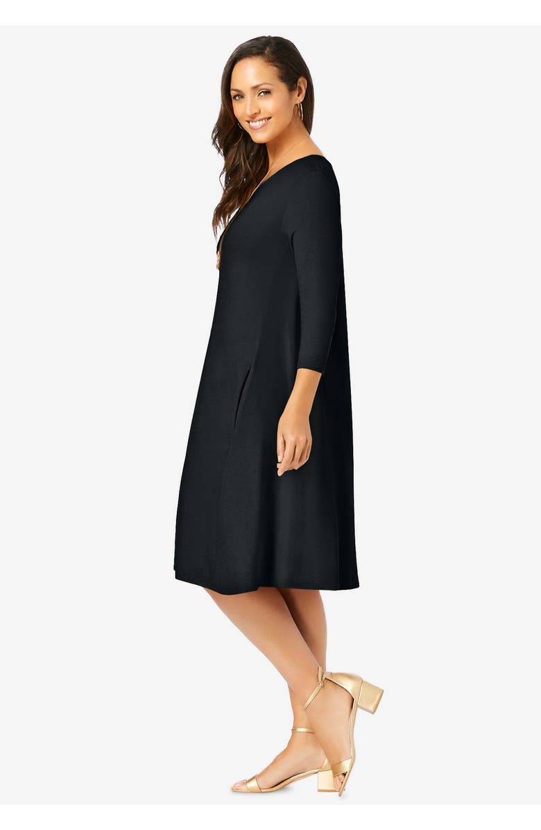 Jessica London Stretch Knit Three-Quarter Sleeve T-shirt Dress, Alternate, color, Black