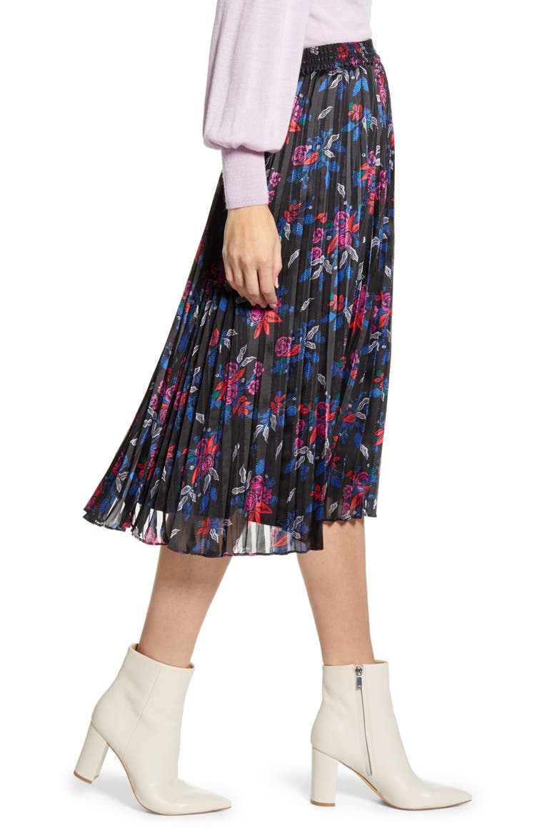 Pleated Woven Midi Skirt, Alternate, color, BLACK MULTI FLORAL