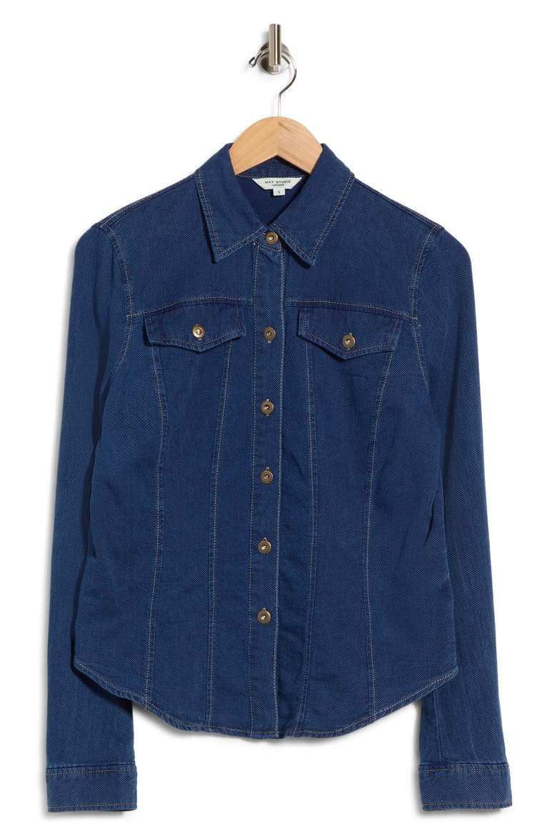 Cotton Piqué Button-Up Shirt, Main, color, INDIGO