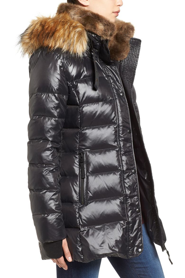 'Chelsea' Gloss Down Jacket with Removable Hood and Faux Fur Trim, Alternate, color, JET
