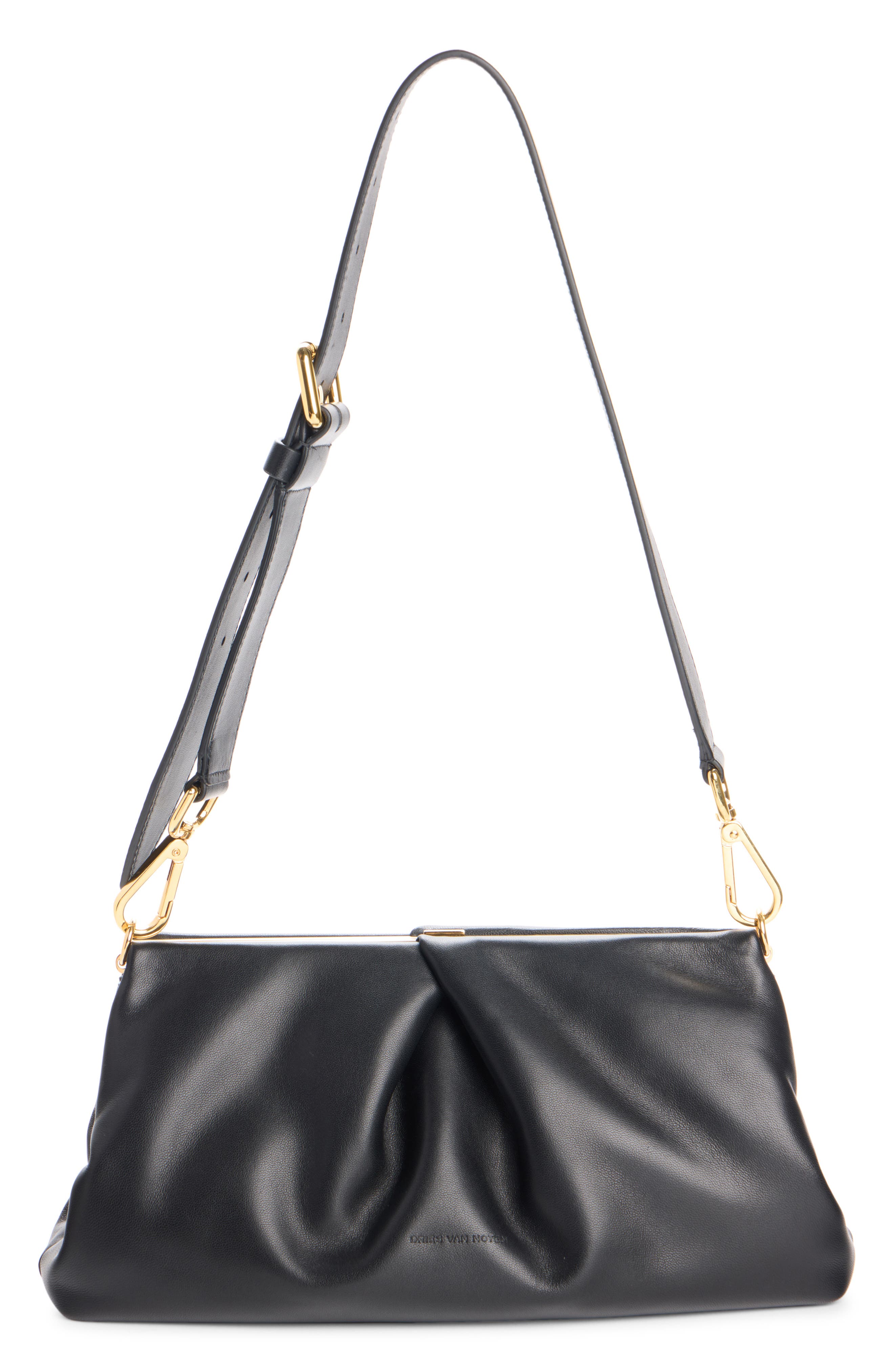 Pleated Leather Shoulder Bag, Alternate, color, BLACK 900