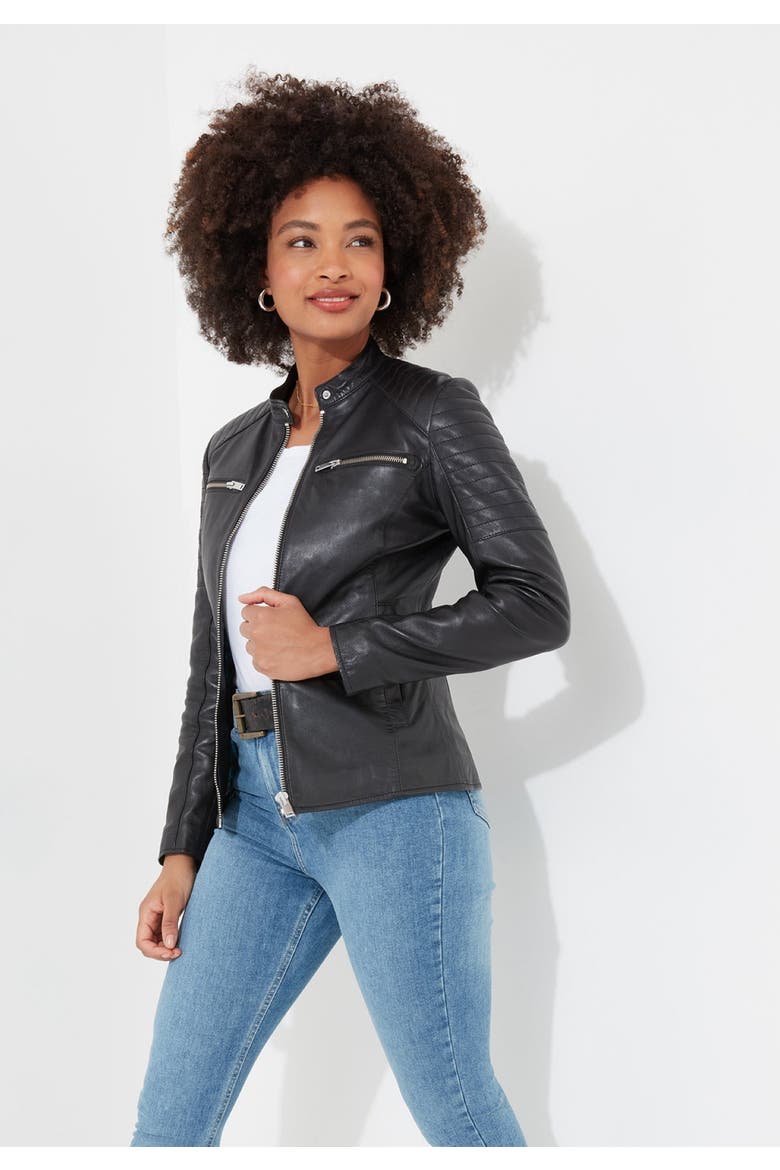Leather Zip Biker Jacket, Alternate, color, BLACK