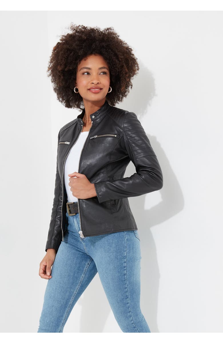 Joe Browns Leather Zip Biker Jacket, Alternate, color, Black