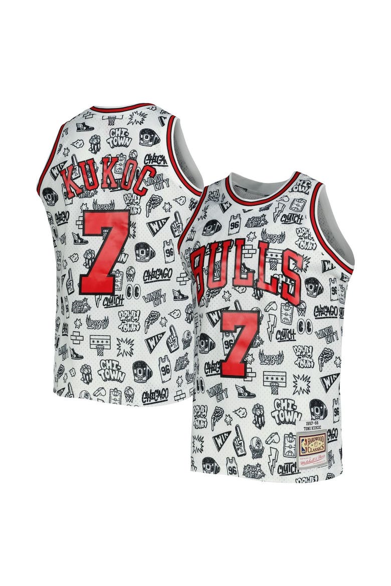 Men's Mitchell & Ness Toni Kukoc White Chicago Bulls 1997/98 Hardwood Classics Doodle Swingman Jersey, Alternate, color, White