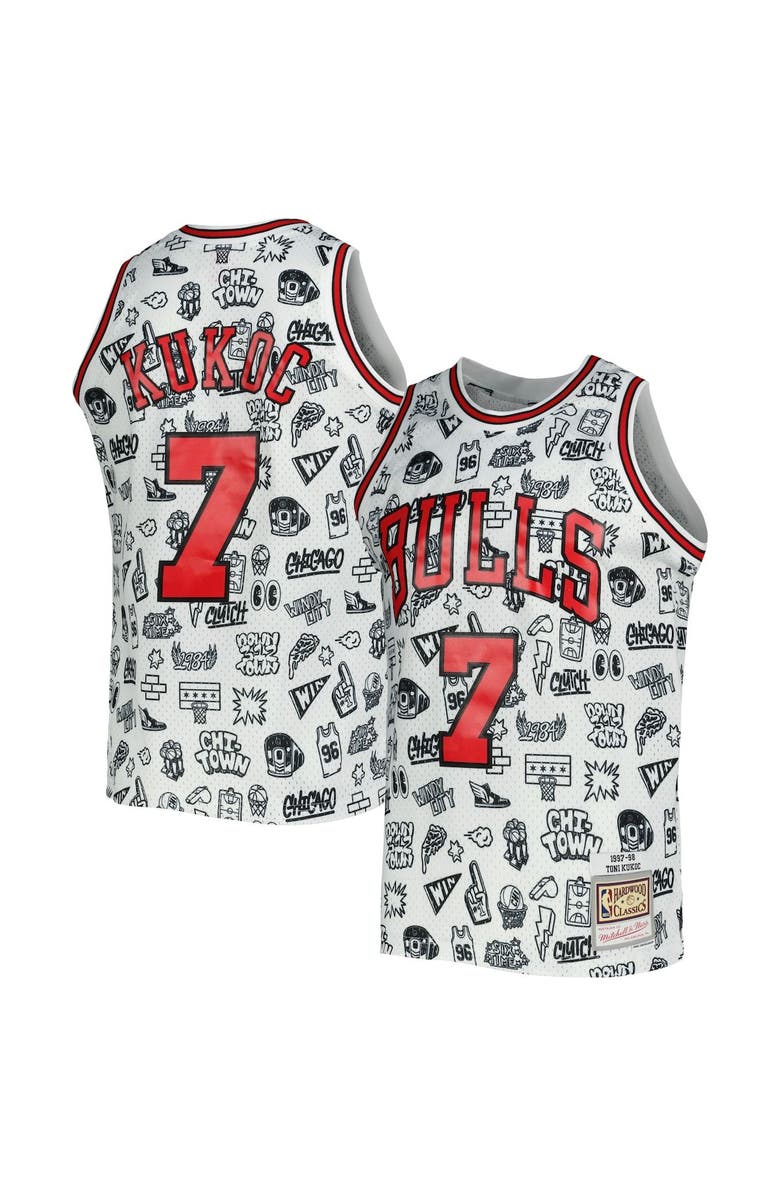 Mitchell & Ness Men's Mitchell & Ness Toni Kukoc White Chicago Bulls 1997/98 Hardwood Classics Doodle Swingman Jersey, Alternate, color, 