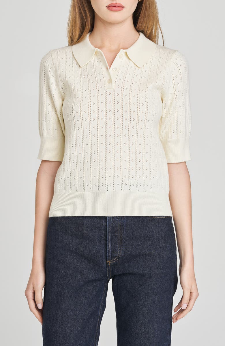 WAYF Taylor Short Sleeve Pointelle Polo Sweater, Alternate, color, Ivory
