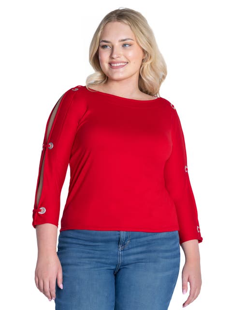 Plus Size Three Quarter Sleeve Boat Neck Cold Shoulder Grommet Detail Top