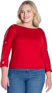 24seven Comfort Apparel Plus Size Three Quarter Sleeve Boat Neck Cold Shoulder Grommet Detail Top