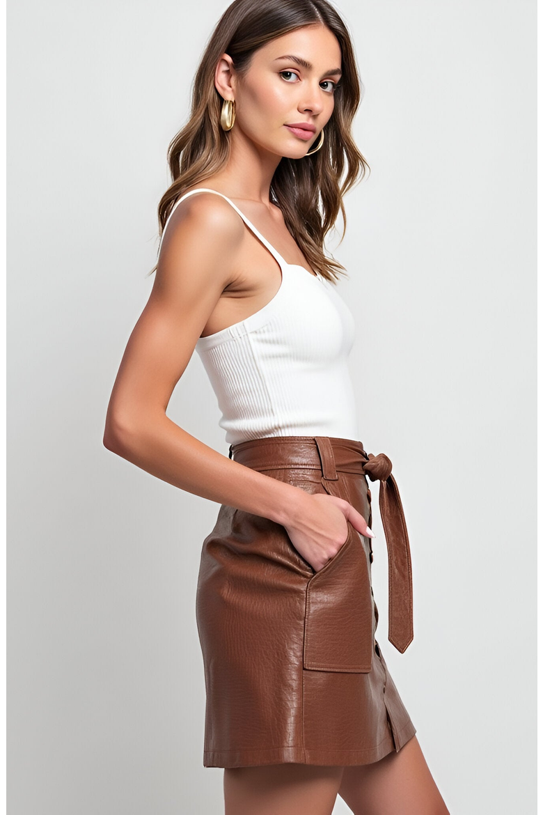 Faux Leather Button-Front Mini Skirt with Belt, Alternate, color, Brown