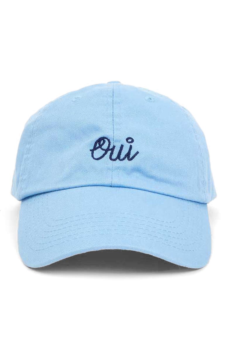 Clare V. Oui Embroidered Cotton Twill Baseball Cap, Main, color, Sky Blue W/ Navy