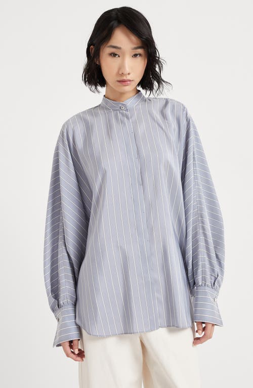 Brunello Cucinelli Camicia A Righe In Seta Azzurra In Azure