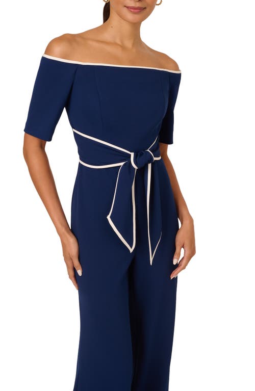 Adrianna Papell Tie Waist Knit Crepe Jumpsuit In Navy Sateen/ivory