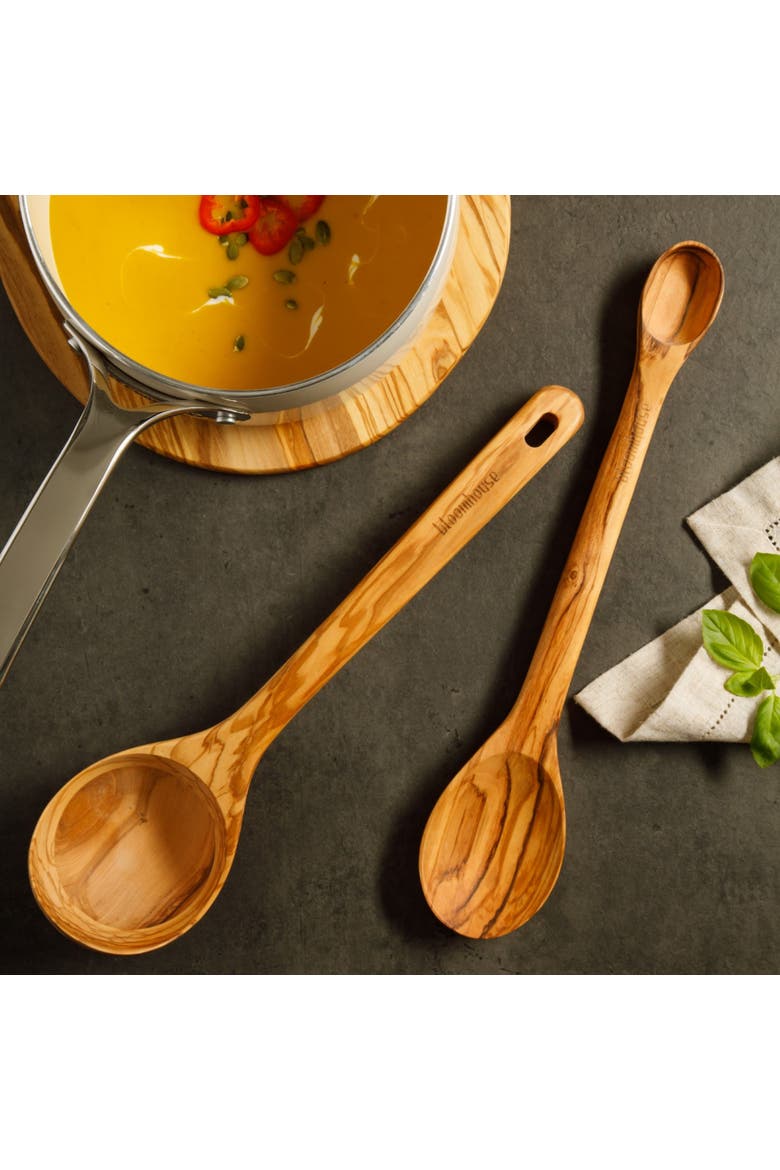 Italian Olive Wood 2 Piece Extra-Large Ladle and Tasting Spoon Set - Natural Wood, Alternate, color, Natural Wood