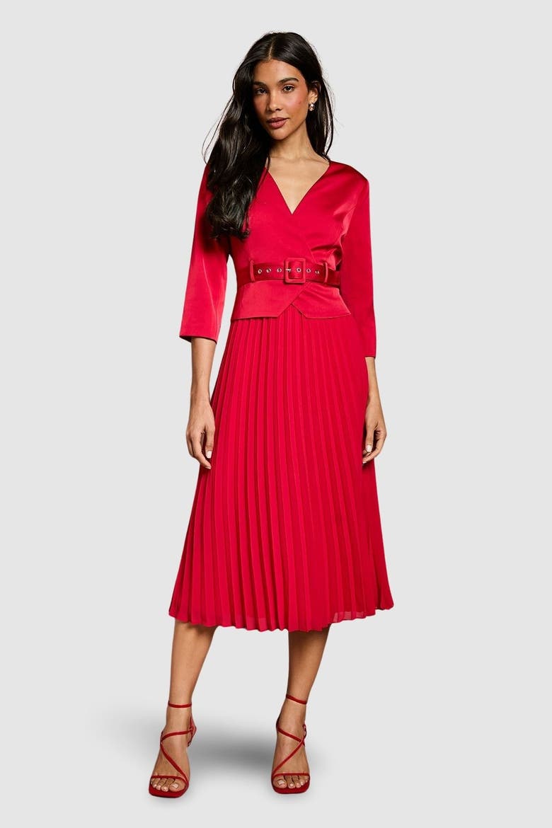 Satin Bodice Pleat Skirt Midi Dress, Alternate, color, Red