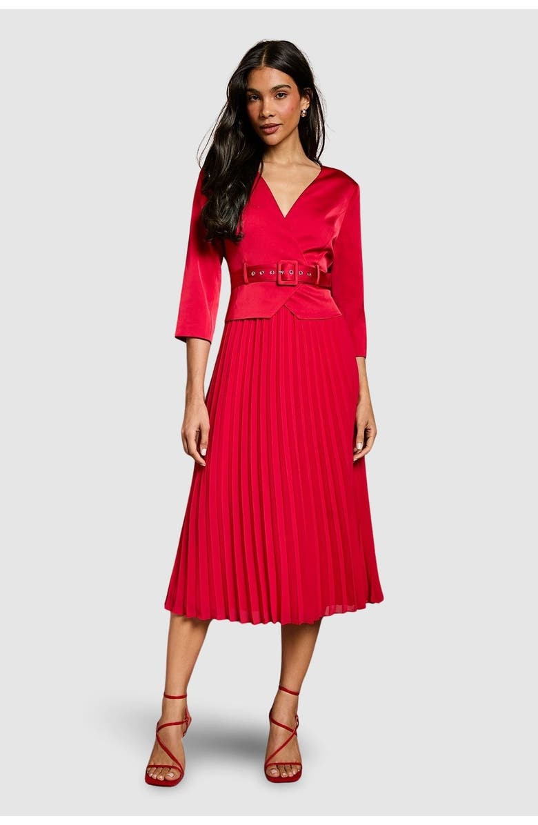 Coast Satin Bodice Pleat Skirt Midi Dress, Alternate, color, Red