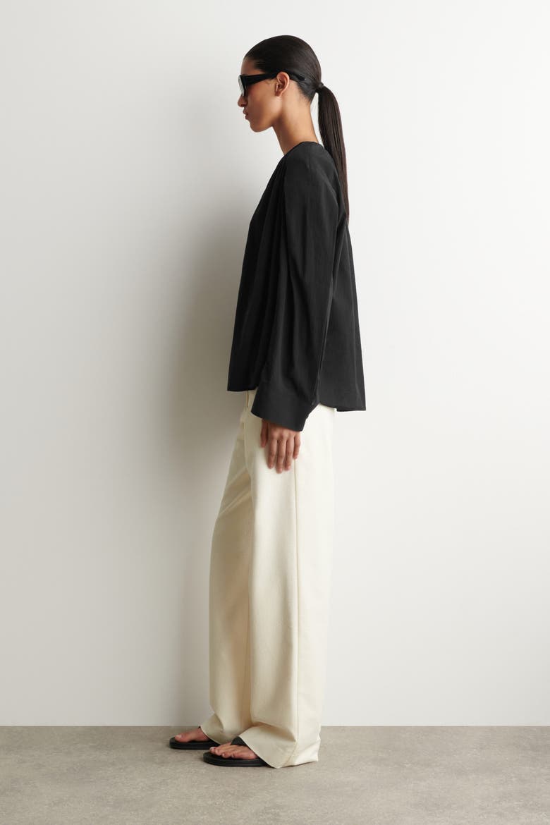 Gathered Lightweight Cotton V-neck Shirt, Alternate, color, BLACK