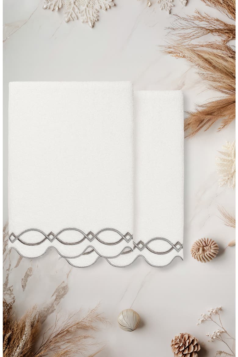 Diamond Chain Scallop Set of 2 Bath Towels, Alternate, color, WHITE/ GRAY