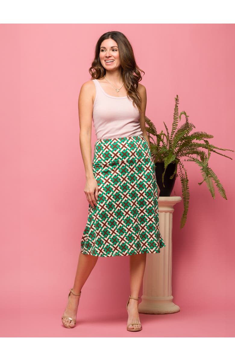 24seven Comfort Apparel Geometric Print Comfortable Elastic Waist Knee Length Skirt, Alternate, color, Green Multi