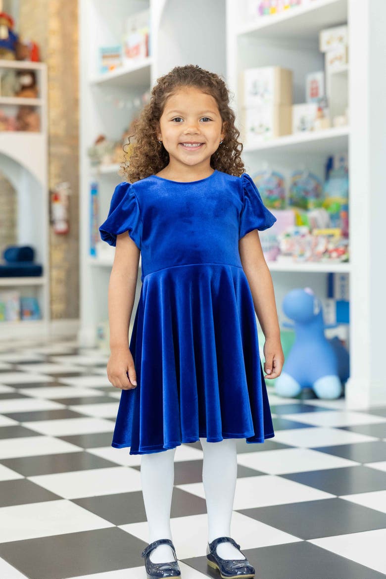 Stretch Velvet Dress with Bubble Sleeves, Alternate, color, Royal Blue Velvet