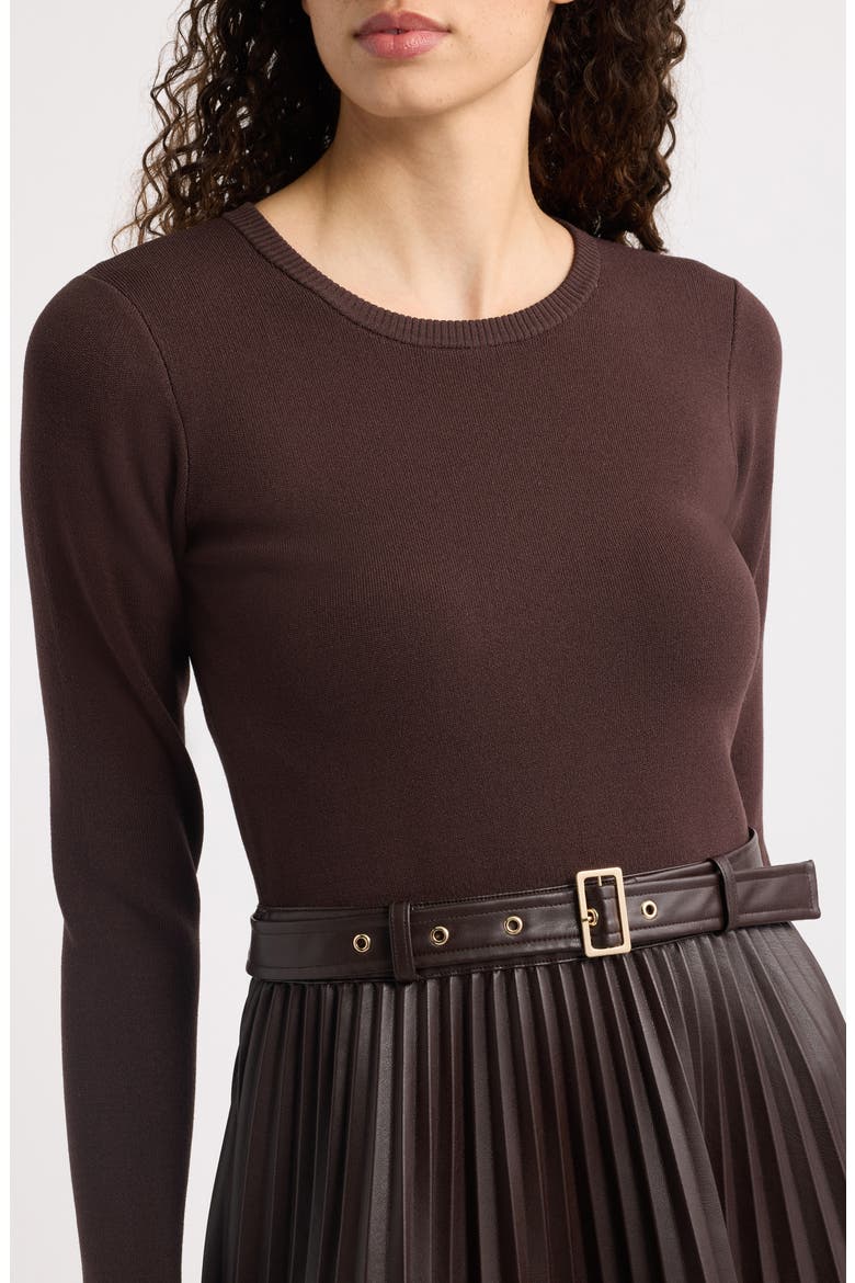 Allison Mixed Media Faux Leather Dress, Alternate, color, RHAPSODY BROWN