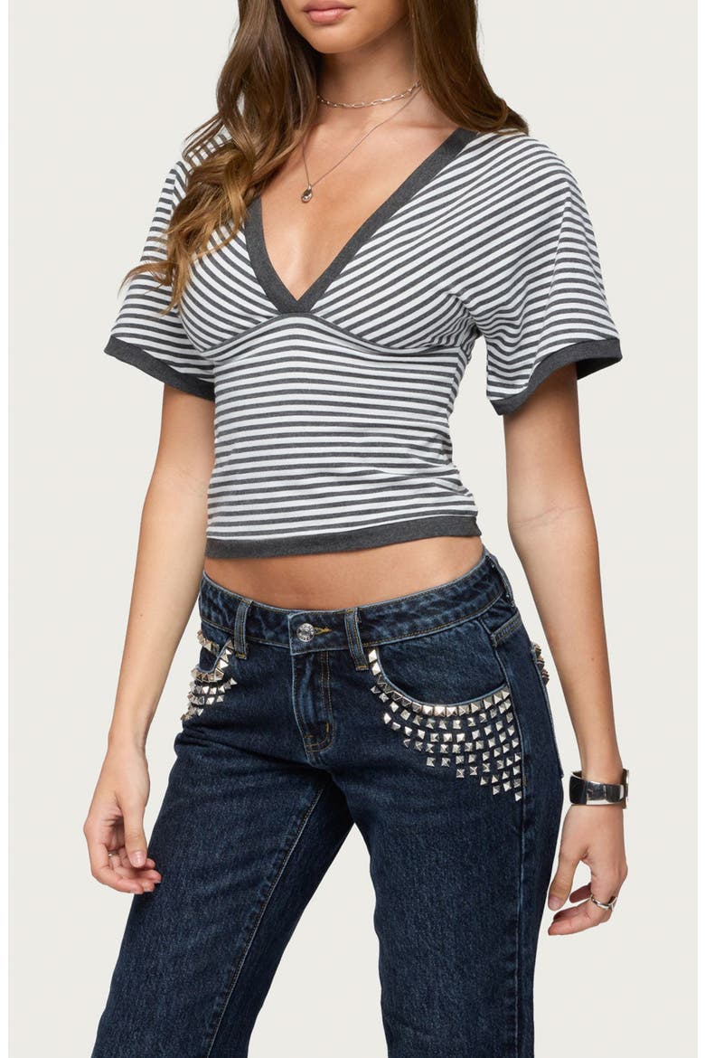 Primrosa Stripe Flutter Sleeve Crop Top, Alternate, color, DARK-GRAY-MELANGE