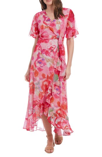 London Times Floral Short Sleeve Faux Wrap Chiffon Maxi Dress In Ivory/fuchsia