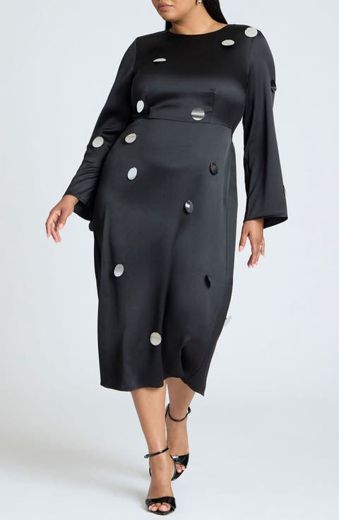 Pailette Satin Long Sleeve Cocktail Midi Dress (Plus)