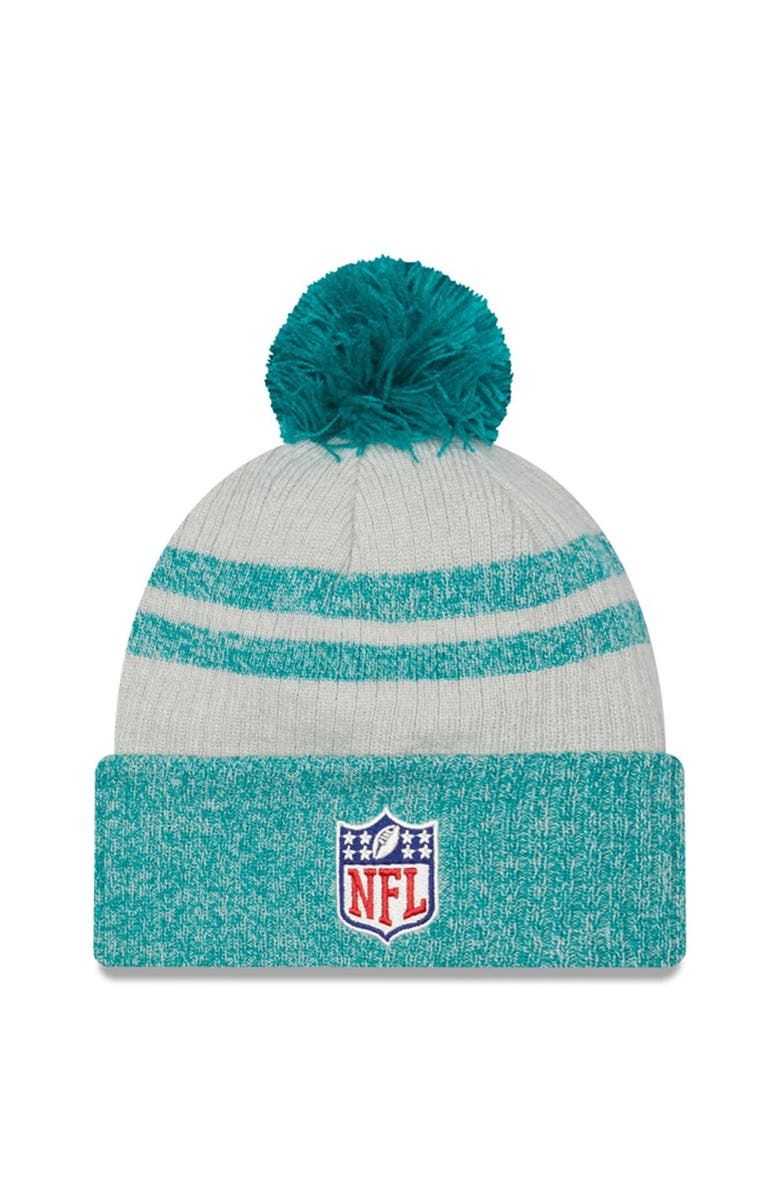 New Era Men's New Era Aqua Miami Dolphins 2022 Sideline Historic Cuffed Pom Knit Hat, Alternate, color,