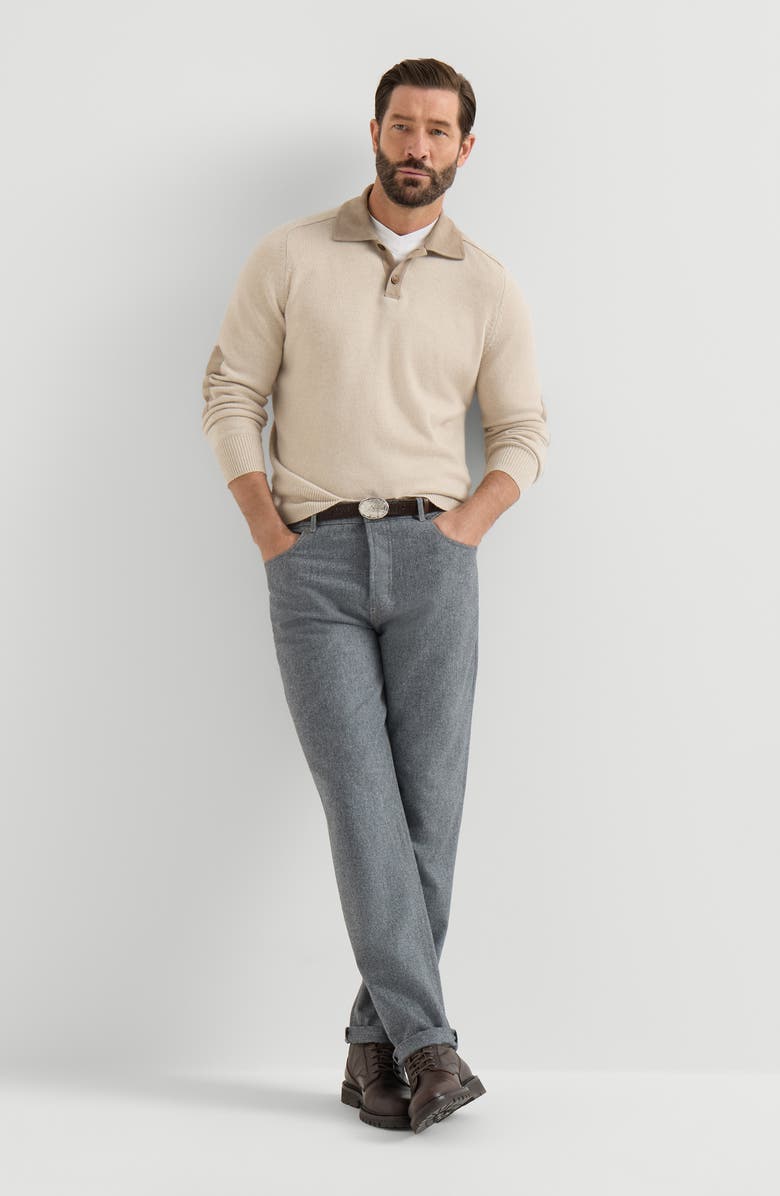 Brunello Cucinelli Virgin wool flannel five-pocket trousers, Alternate, color, Camel