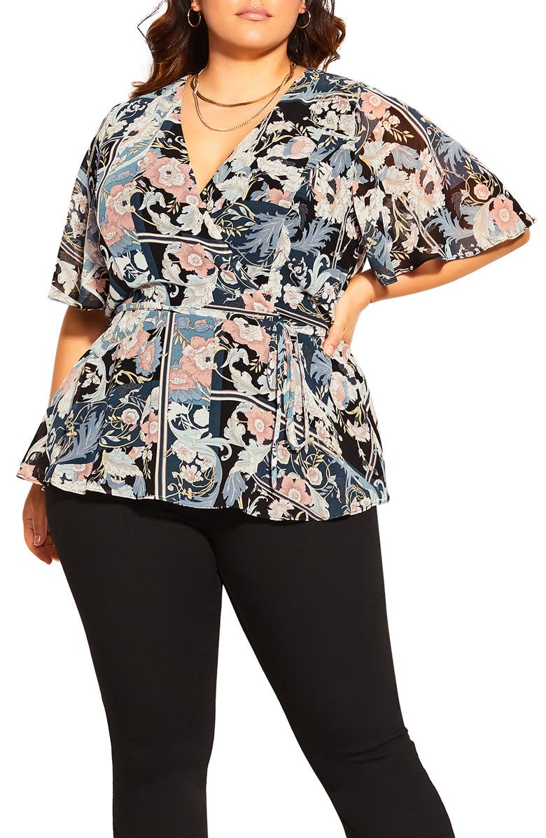 City Chic Soft Nouveau Surplice Neck Peplum Top, Main, color, 