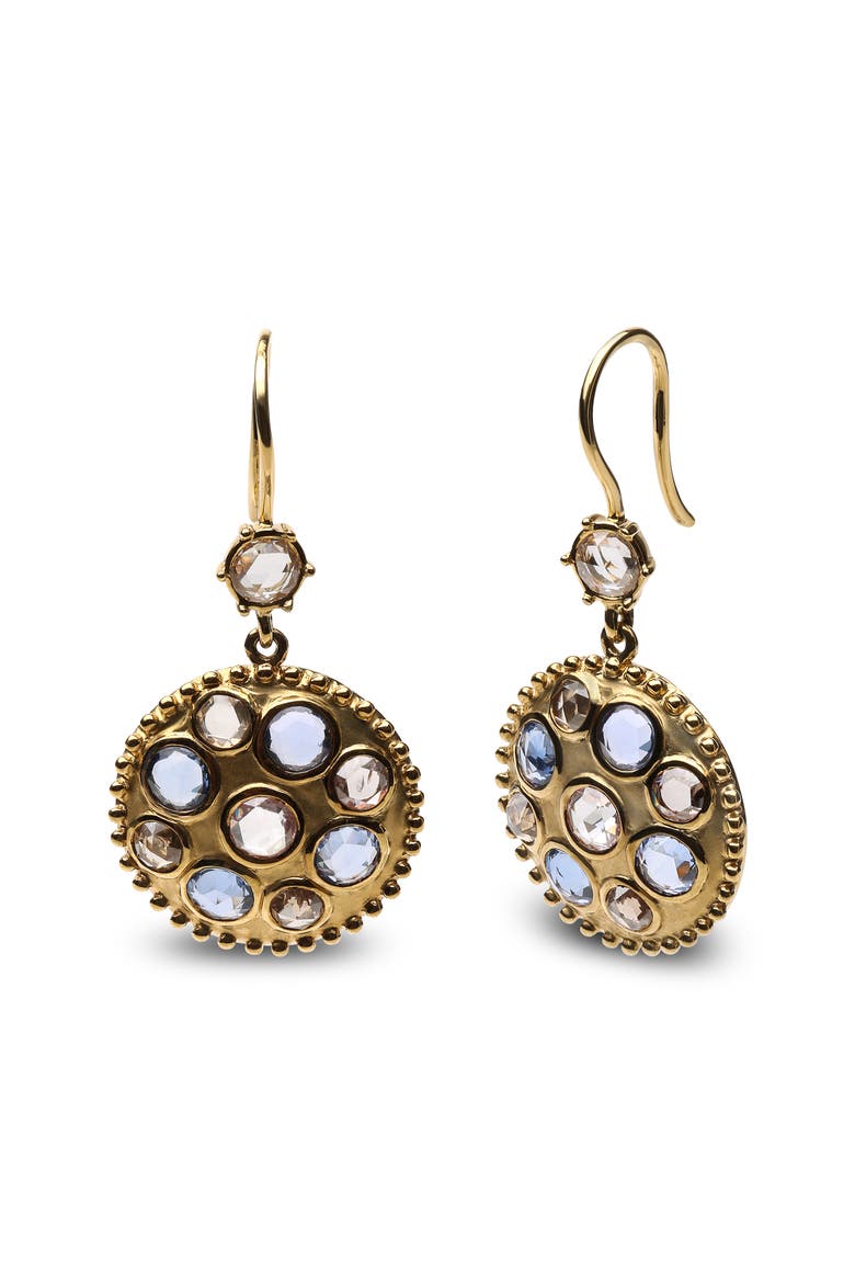 18K Gold 1 2/3 Cttw Diamond and Blue Sapphire Gemstone Medallion Dangle Earrings, Alternate, color, Yellow
