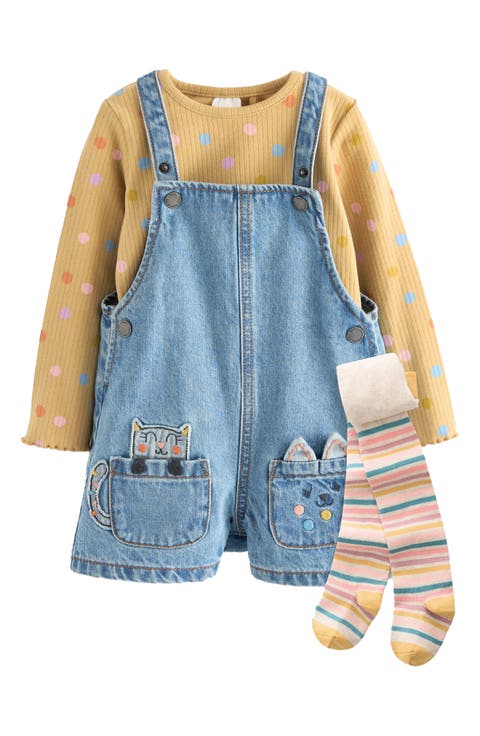 Kids' Top, Tights & Cat Pocket Denim Shortalls Set