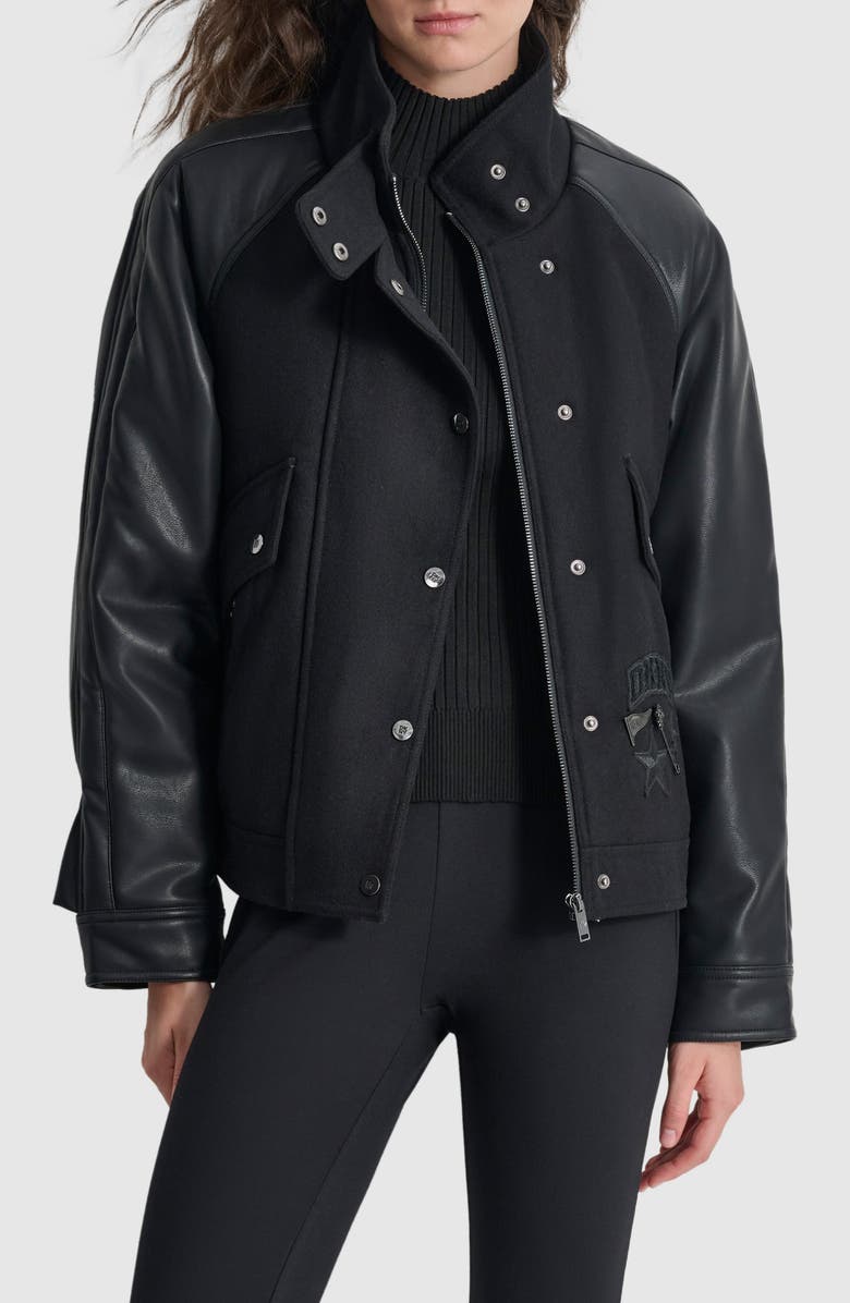 DKNY Logo Patch Mixed Media Wool Blend Bomber Jacket, Main, color, 