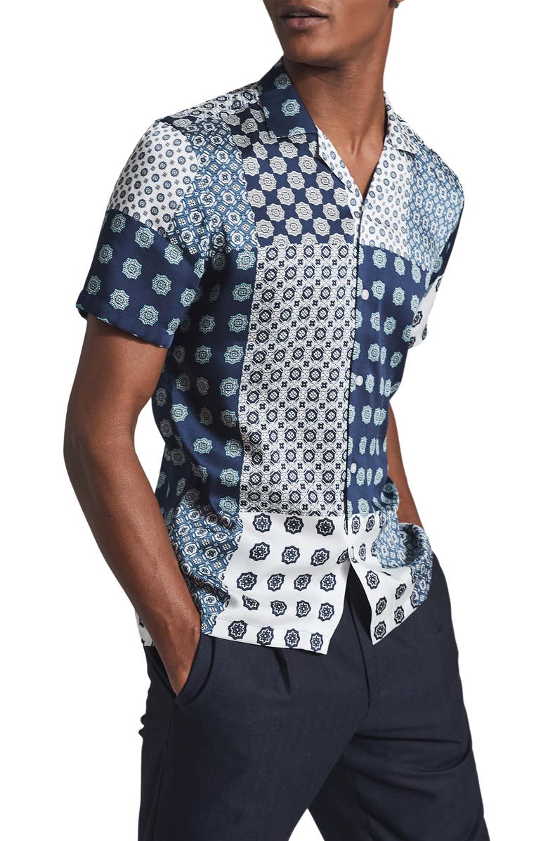 Reiss Jamie Patchowork Mix Print Short Sleeve Button-Up Shirt, Main, color, Blue