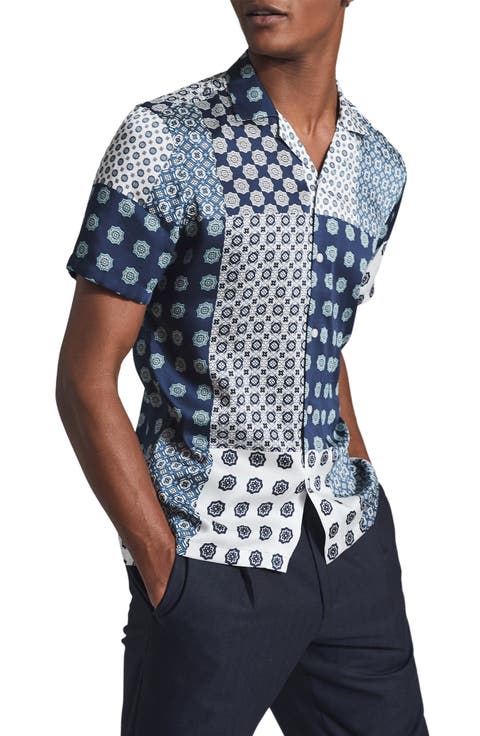 Jamie Patchowork Mix Print Short Sleeve Button-Up Shirt