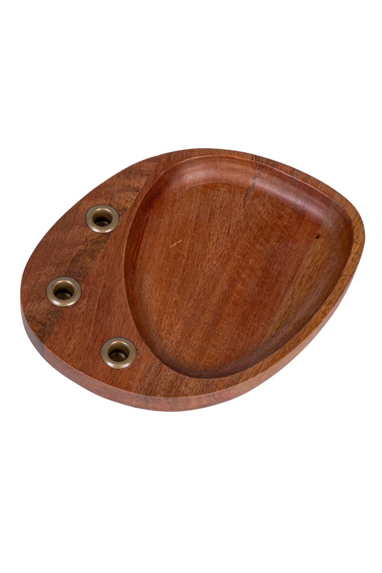 Mango Wood and Metal Taper Holder with Tray, Gold Finish and Natural, Main, color, Natural
