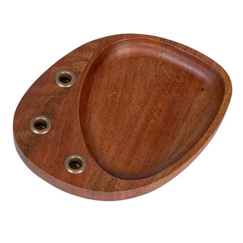 Mango Wood and Metal Taper Holder with Tray, Gold Finish and Natural