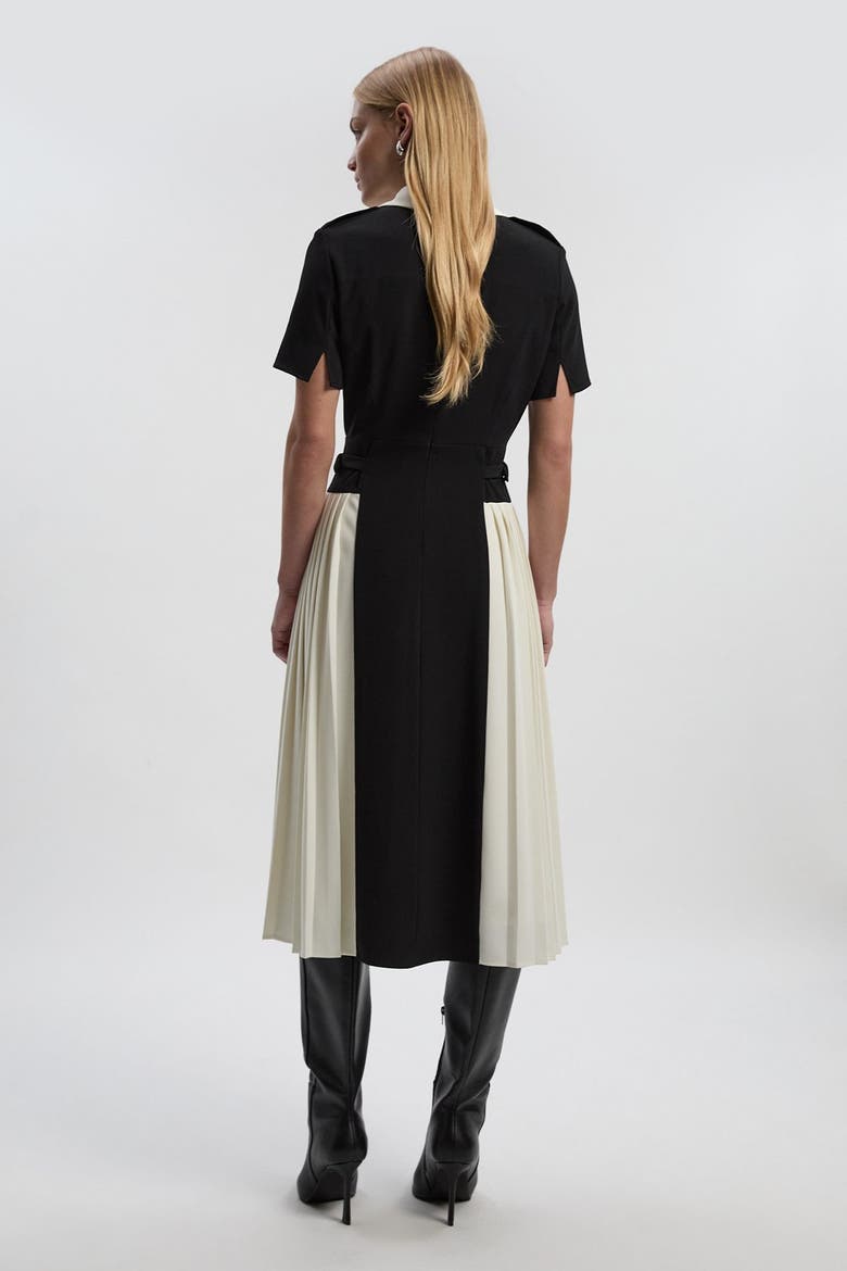 Tailored Crepe Pleated Midi Shirt Dress, Alternate, color, Mono