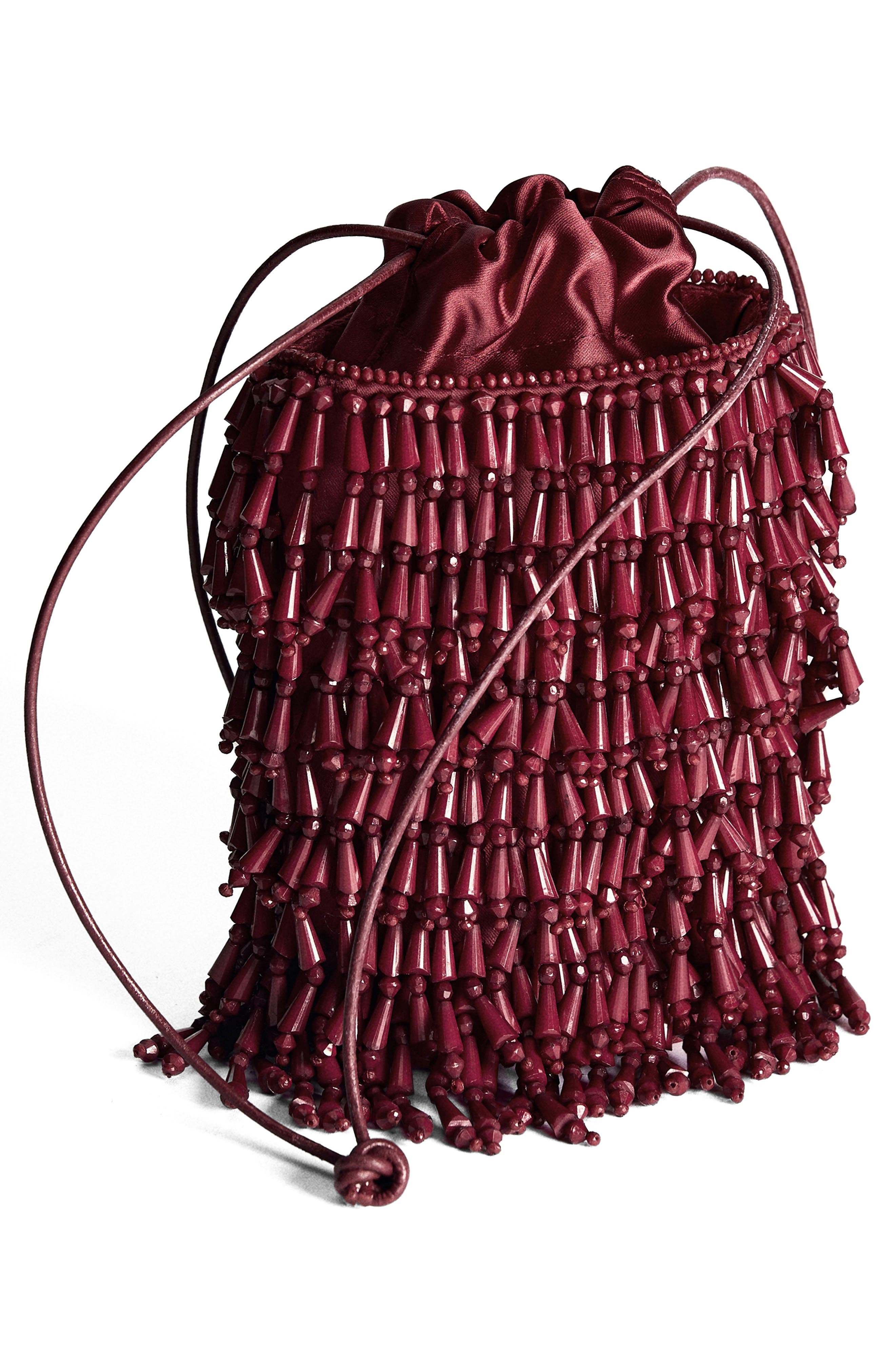 Beaded Drawstring Bucket Bag, Alternate, color, BURGUNDY