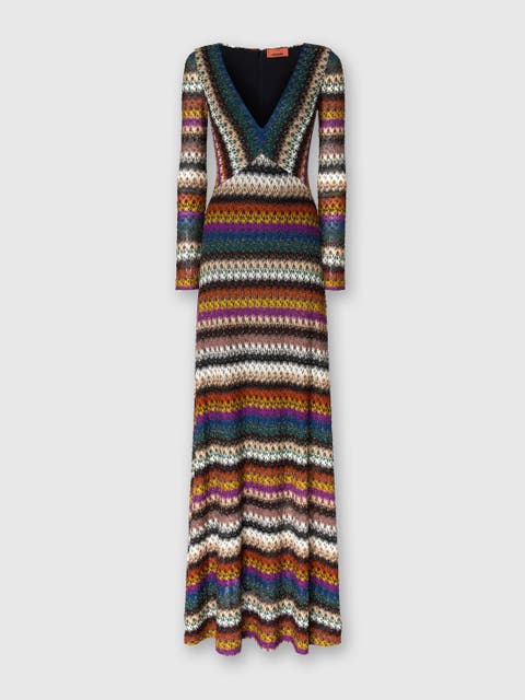 Flared Long Dress With V-neck And Long Sleeves